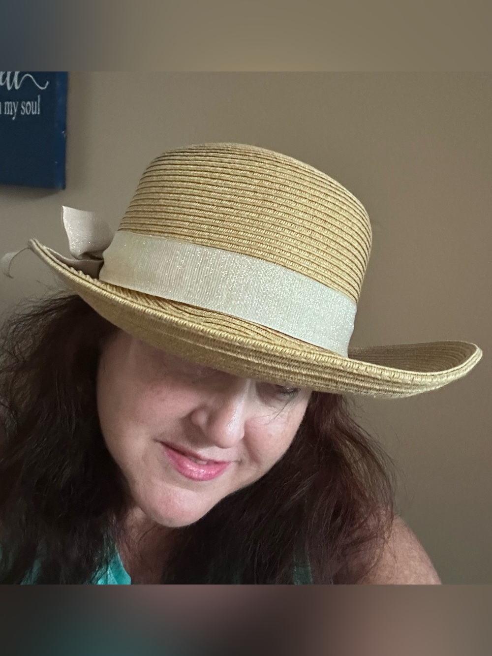 Scala EUC Handmade Packable Straw Bowler Hat One Size Tan Gold Ribbon Beach